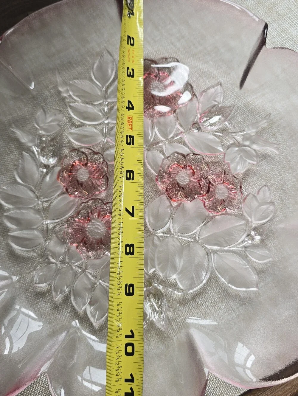 Vintage Frosted Pink Glass Floral Bowl 12